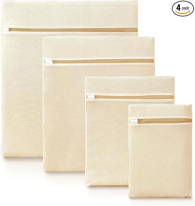 4Pcs Cotton Mesh Laundry Bags for Delicates,Breathable Mesh Garment Bag for Washing Machine, Travel Wash Bags with Zipper for Bras, Underwear, Socks, Clothes, Laundry Dorm Room Essentials(S-XL)-CubbioJoy