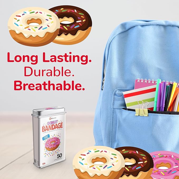 BioSwiss Bandages, Donut Shaped Self Adhesive Bandage, Latex Free Sterile Wound Care, Fun First Aid Kit Supplies for Kids, 50 Count-CubbioJoy