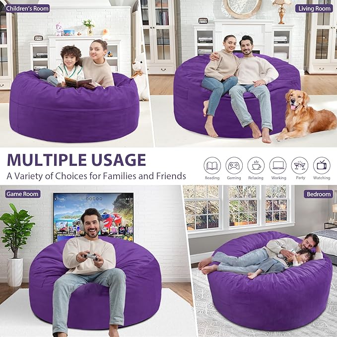 4FT Bean Bag Chair, Large Bean Bag Chairs with Memory Foam Filled, Fluffy Beanbag Sofa with Dutch Velvet Cover, Round BeanBag Chairs for Living Room, Playroom - Purple-CubbioJoy