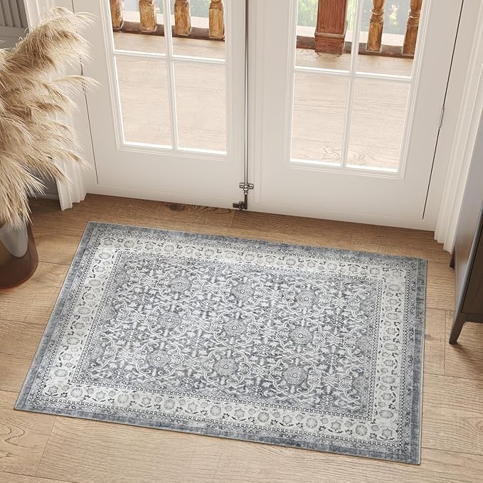 jinchan Floral 2x3 Rugs for Entryway - Machine Washable Grey Vintage Distressed Boho Design Soft Faux Wool Small Non-Slip Doormat for Entrance Kitchen Living Room Bedroom Farmhouse (2‘x3',Grey)-CubbioJoy