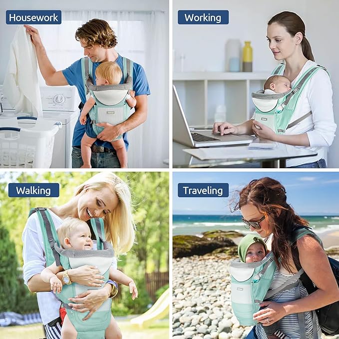 Baby Carrier with Hip Seat, Ergonomic M Position 6in1 Baby Carrier Newborn to Toddler,Head Support and Breathable Mesh Newborn Carrier,Adjustable Baby Holder Carrier for Dad&Mom-Green-CubbioJoy