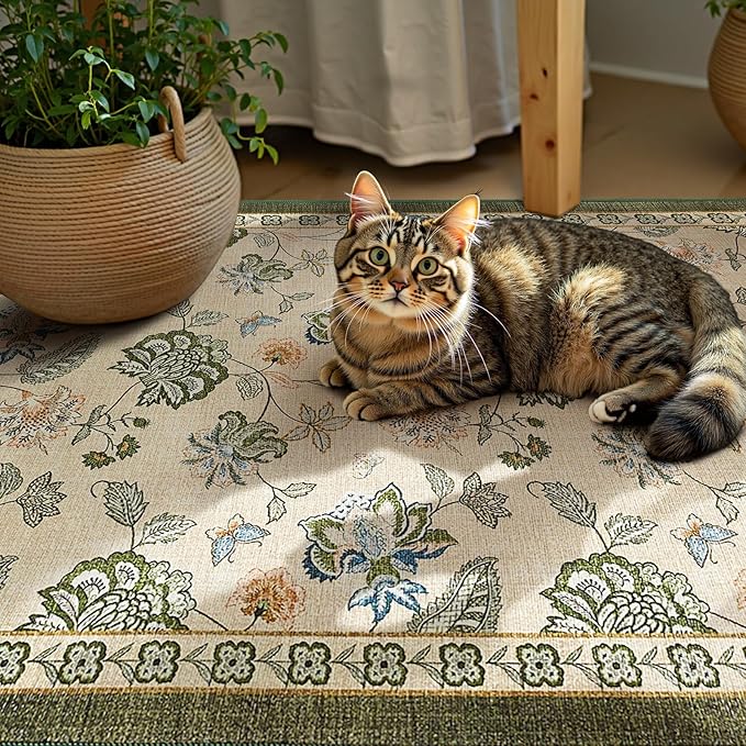 jinchan 2x3 Floral Rug for Entryway Washable Kitchen Rug Vintage Romance Design Small Mat Non Slip Indoor Doormat Lightweight Low-Profile Throw Carpet for Entrance Bathroom Laundry Room, Green/Beige-CubbioJoy