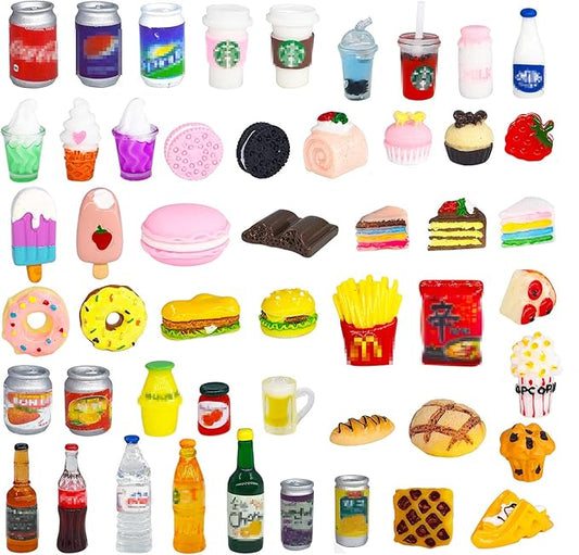 50 Pcs Miniature Food Drink Bottles Soda Pop Cans Pretend Play Kitchen Game Party Accessories Toys Hamburg Cake Ice Cream for 1/12 Doll House (25Food+25Drink)-CubbioJoy