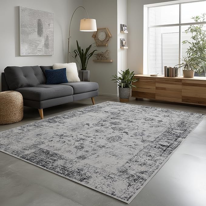 9x12 Area Rug Living Room Rugs, Stain Resistant Washable Rug, Vintage Large Non-Slip Backing, Low Pile Lightweight Print Rug for Bedroom Dinning Room Home Office (White/Grey)-CubbioJoy
