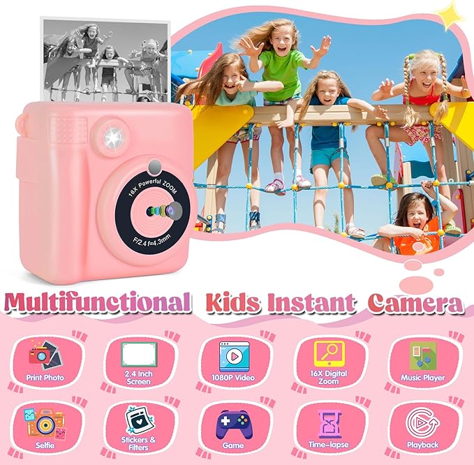 Instant Print Camera for Kids - 2.4 Inch Kids Camera Instant Print with Paper & 32G Card- Digital Children Toys as Christams Birthday Gifts for Girls Boys Age 3-12 - Pink-CubbioJoy