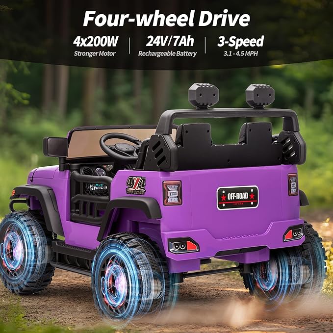 2 Seater Ride on Toy Car for Kids, 24V 4x4 Ride-on Truck Kids Electric Car w/Remote Control, 4x200W Motors - Purple-CubbioJoy