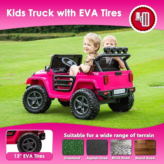 24V 2 Seater Ride On Truck with Remote Control 4WD Electric Car for Kids Ride On Car Battery Powered Ride On Toy Car with Music Player, LED Lights, Bluetooth, Rear Shock Absorber, Hot Pink-CubbioJoy