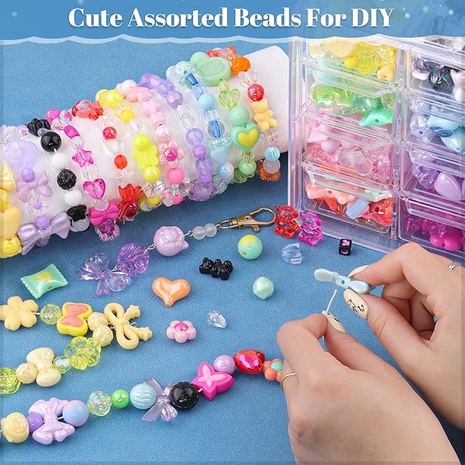 Assorted 400PCS 8 Mixed Colors Acrylic Beads for Bracelet Making, Flower Bow Butterfly GummyBear Aesthetic Bracelet Charms,Cute Beads for Jewelry Making DIY Necklace Keychain Phone Charm-CubbioJoy