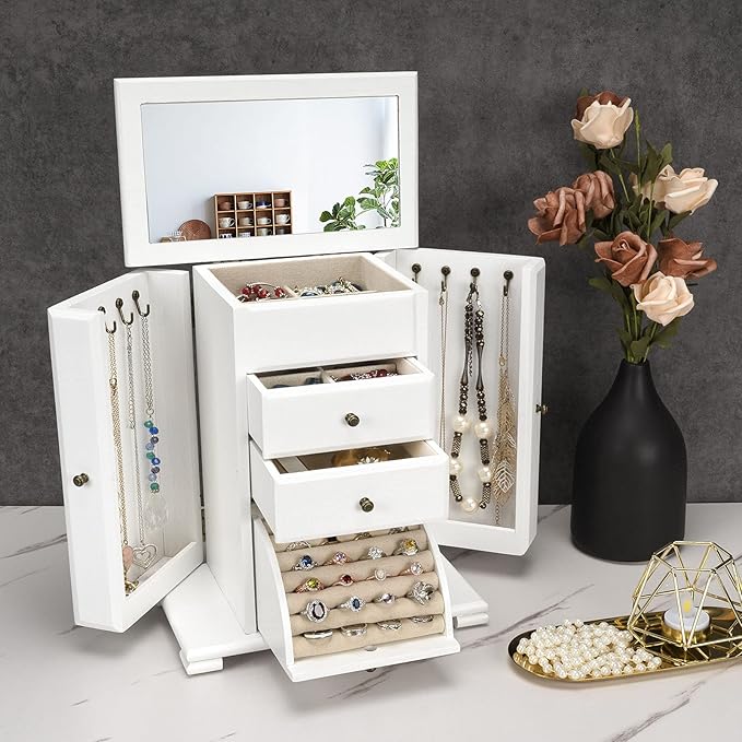 Jewelry Box for Women, Rustic Wooden Jewelry Boxes & Organizers with Mirror, 4 Layer Jewelry Organizer Box Display for Rings Earrings Necklaces Bracelets (Weathered White)-CubbioJoy