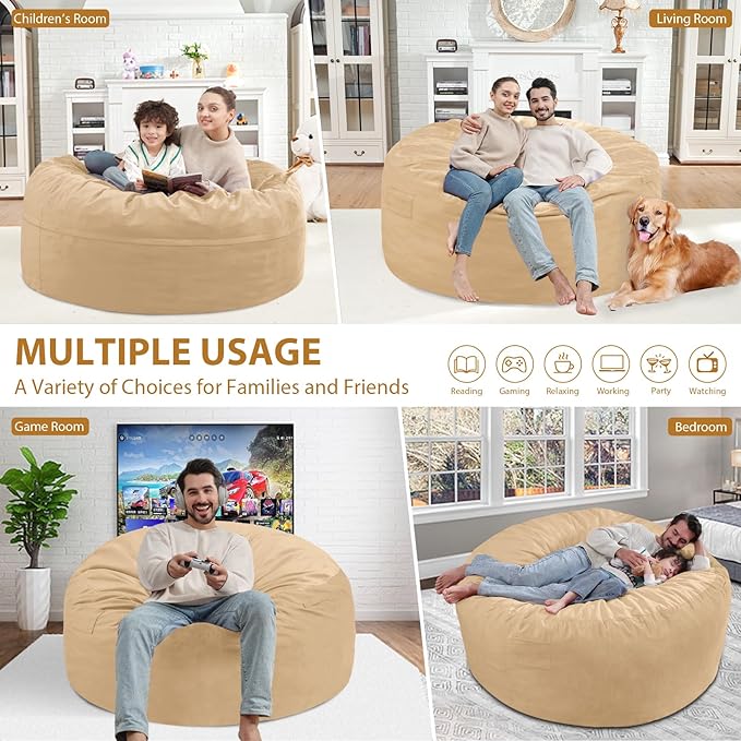 4FT Bean Bag Chair, Large Bean Bag Chairs with Memory Foam Filled, Fluffy Beanbag Sofa with Dutch Velvet Cover, Round BeanBag Chairs for Living Room, Playroom - Khaki-CubbioJoy