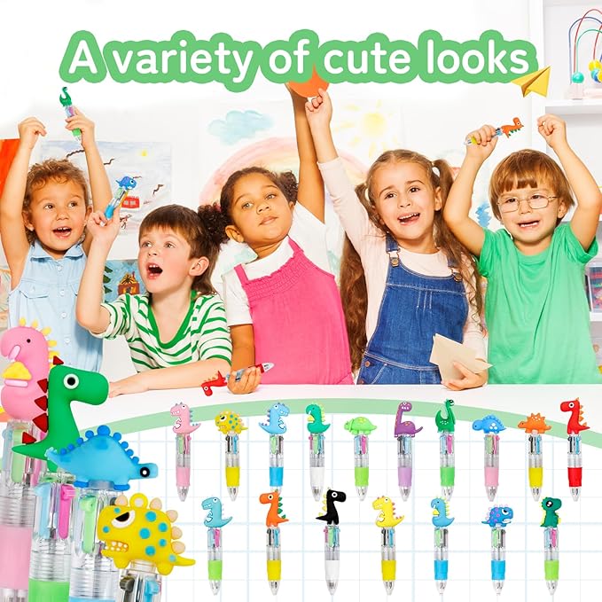 30Pcs Mini Multicolor Pens in One 4-in-1 Cute Pens Bulk for Kids, Ballpoint Pen for Birthdays and Children's Parties, Fun Gifts Assorted Ink Kawaii Pen(Dinosaur)-CubbioJoy