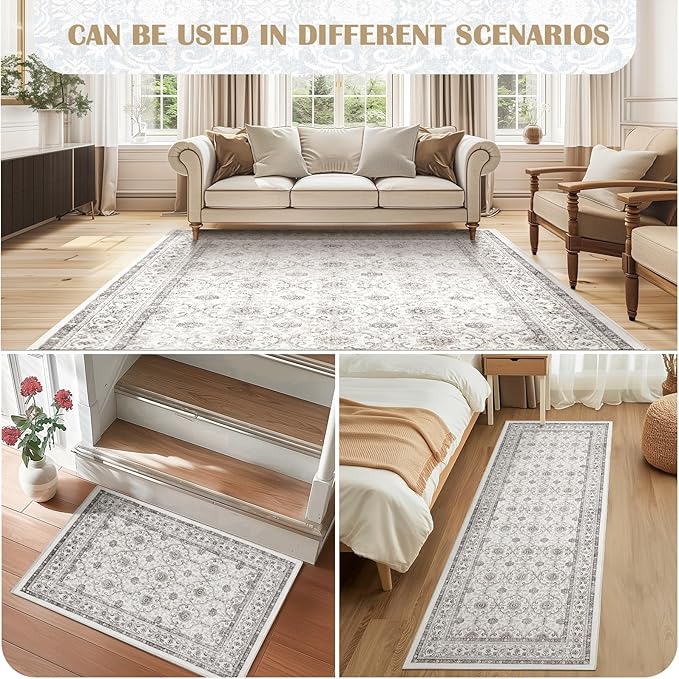 jinchan Hallway Runner Rug 3x7 - Machine Washable Beige Vintage Floral Distressed Design Soft Non-Slip Low-Pile Ultra-Thin Runner Rug for Kitchen Laundry Room Bedroom Farmhouse (3‘x7',Beige)-CubbioJoy