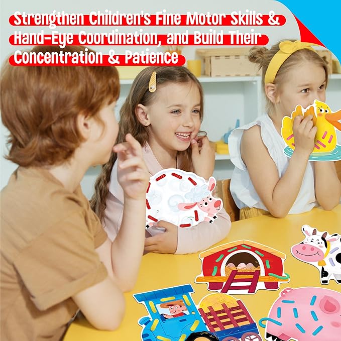 9 PCS Farm Theme Lacing Cards, 9 Double Sided Sewing Cards with 9 Colorful Laces, Imagination Development Lacing Toys Educational and Learning Activity for Preschoolers, Kids-CubbioJoy
