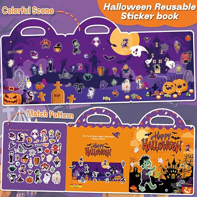 2 Set Halloween Reusable Sticker Books for Toddlers 3+, Halloween Stickers for Kids, Sticker Book for Toddlers 3+ Years, Halloweens Gifts for Kids Girls Boys-CubbioJoy