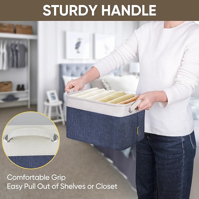 BALEINE 1 Pack Fabric Storage Bins for Shelves, Linen Storage Baskets for Organizing, Decorative Closet Bins for Clothes, Home (Navy Blue, 12"x8"x8")-CubbioJoy