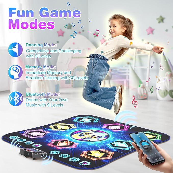 Dance Mat, 2025 Light Up 8-Button Dance Pad with Wireless Bluetooth, Upgraded Flowing Light Control System with Stands, Kids Toys Music Games Birthday for 3-12 Year Old Boys Girls-CubbioJoy