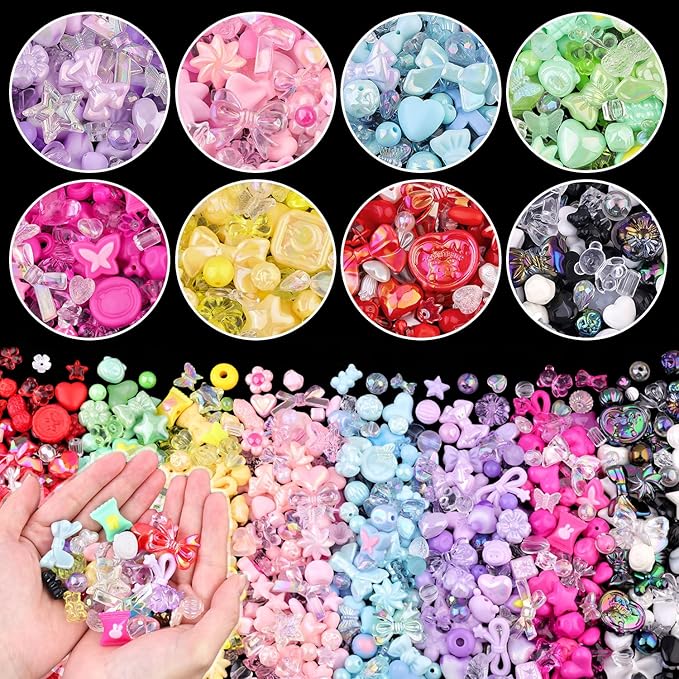Assorted 400PCS 8 Colors Mixed Acrylic Beads for Bracelet Making, Flower Bow Butterfly GummyBear Aesthetic Bracelet Charms,Cute Beads for Jewelry Making DIY Necklace Keychain Phone Charm-CubbioJoy