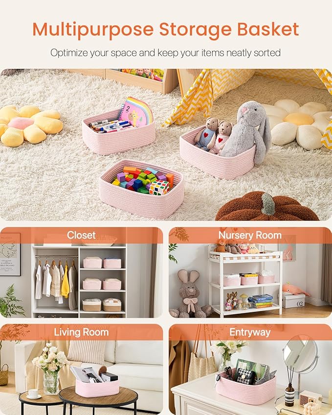 KALLAX Small Woven Basket, 13.5 x 9.5 x 5 Inches, Storage Basket for Organizing, Cute Small Rope Shelf Closet Cube Storage Bins Baskets for Shelves, Dog Toy Gift Baskets Empty, 3 Pack Light Pink-CubbioJoy