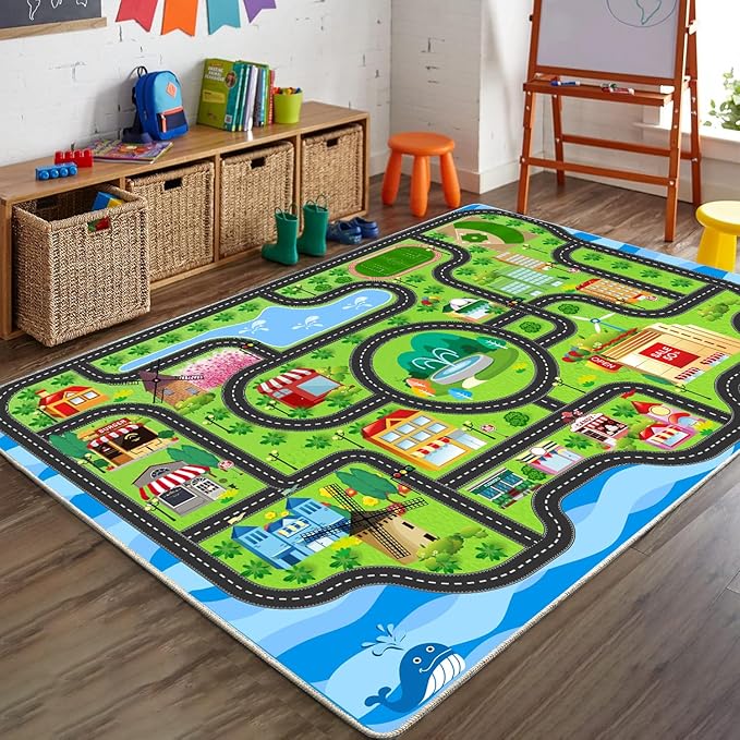 Car Rug,Kids Play Rug with Roads,Playroom Toy Car Rug, Car Track Rug City Map for Bedroom Classroom - (59X39.4 Inches)-CubbioJoy