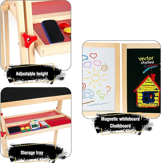 Adjustable Wooden Easel for Kids, Foldable Standing Art Easel for 3, 4, 5, 6, 7, 8 Years Old with Accessories, Drawing Painting Gifts for Boys & Girls Toddlers, Great Presents for Birthday-CubbioJoy