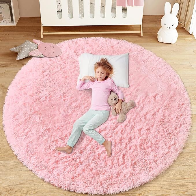4FT Round Rug for Bedroom: Fluffy Shag Soft Washable Rugs Circle Small Fuzzy Plush Indoor Carpet for Living Room Nursery Playroom Dorm Kids Girls Boys Room (Pink, 4'x4')-CubbioJoy