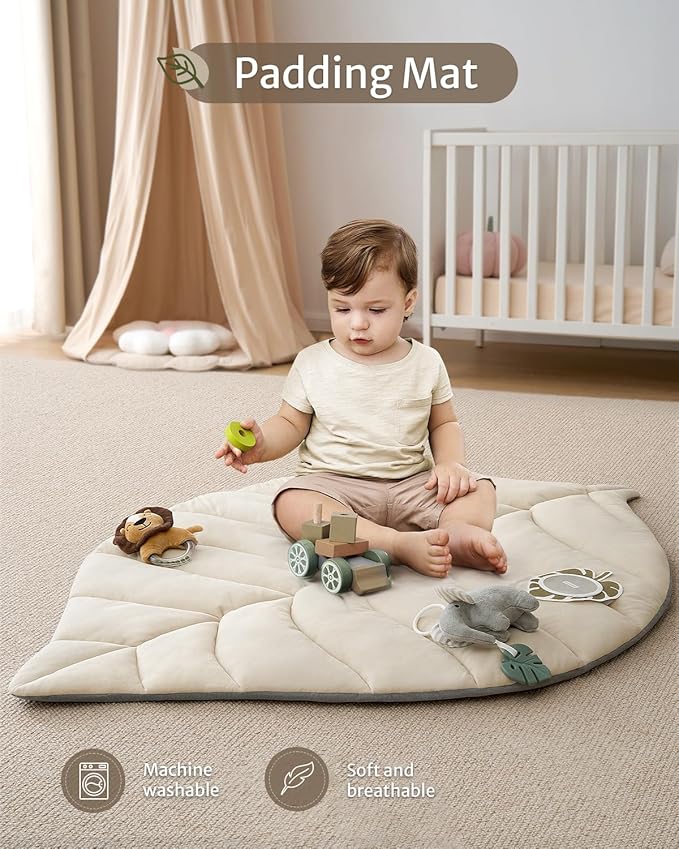 Blissful Diary Baby Play Gym & Activity Mat, Leaf Shaped Baby Tummy Time Play Mat with 6 Detachable Toys, Promotes Motor Skills & Sensory Development, Newborn Baby Essentials Gift, Oatmeal Beige-CubbioJoy