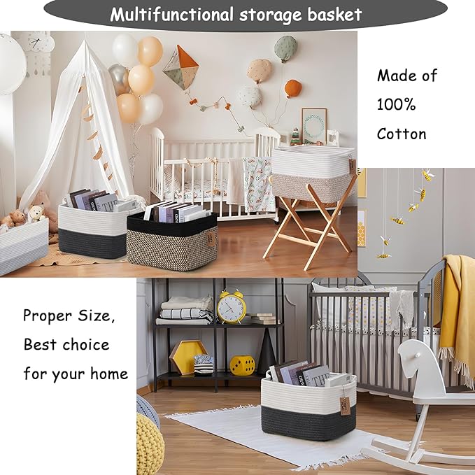 COMFY-HOMI Cotton Rope Woven Basket with Handles for Shelves,Toys,Book, Cloth Storage Baskets Bin for Organizing-13.5"x11"x9.5" Toy Decorative Organizer for Living Room, Bathroom-White/Dark Grey-CubbioJoy