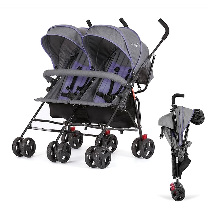 Dream On Me Volgo Twin Umbrella Stroller in Purple, Lightweight Double Stroller for Infant & Toddler, Compact Easy Fold, Large Storage Basket, Large and Adjustable Canopy-CubbioJoy