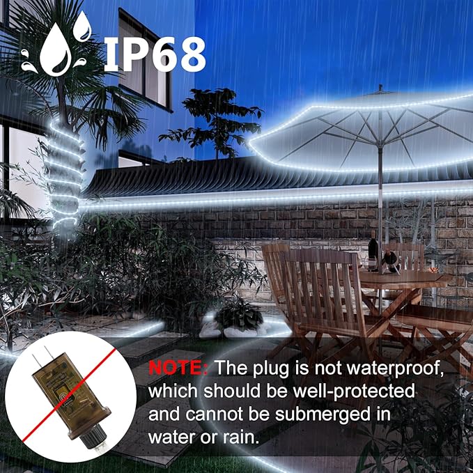 Connectable 66ft 800 LED Rope Lights Outdoor, Cool White Strip Lights Plug in, Outdoor String Lights Waterproof Decorative Lighting for Deck Patio Yard Garden Pathway Pool Camping Room Indoor Décor-CubbioJoy