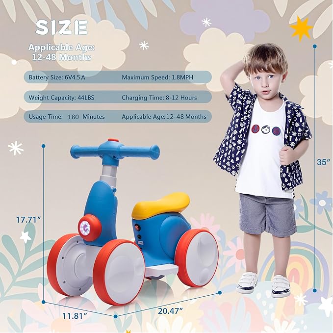 6V Electric Baby Balance Bike for 1 Year Old Boys Girls Ride on Toys 12-48 Months Toddler Balance Bike, 4 Wheels Kids First Bike with Remote Control First Birthday Gifts- Blue&Red-CubbioJoy