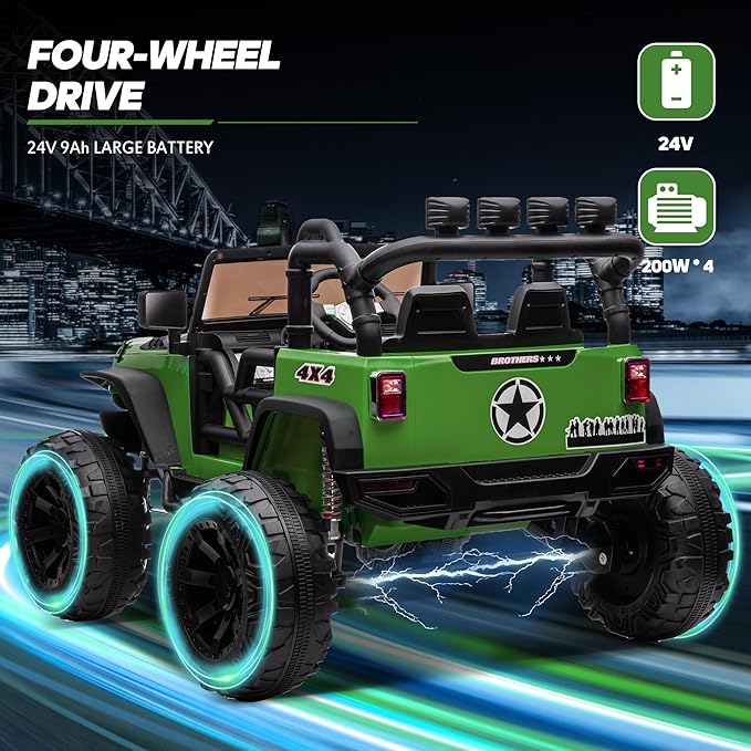 24V 9Ah Ride on Toy for Big Kids, 4x4 2 Seater Ride on Car Truck w/Remote Control, 4x200W Motors - Green-CubbioJoy