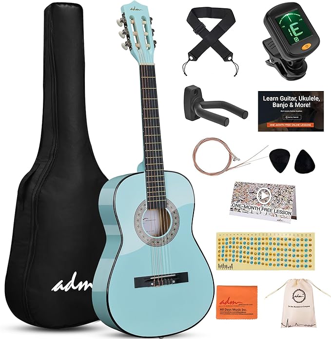 ADM Beginner Acoustic Classical Guitar 36 Inch Nylon Strings Wooden Guitar Bundle Kit for Kid Boy Girl Student Youth Guitarra Online Lessons with Gig Bag, Strap, Tuner, Strings, Picks, Socal Green-CubbioJoy
