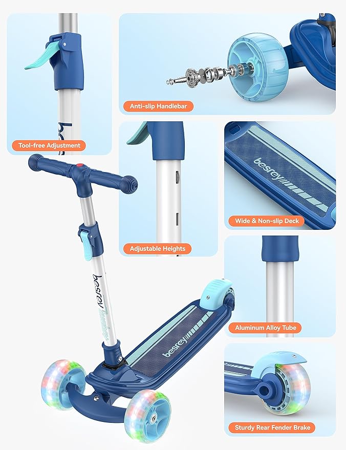 Besrey Kick Scooter for Kids Ages 3-10, 3-Wheel Folding Scooter with Adjustable Height, LED Light Wheels, Extra Wide Deck for Outdoor Activities-CubbioJoy