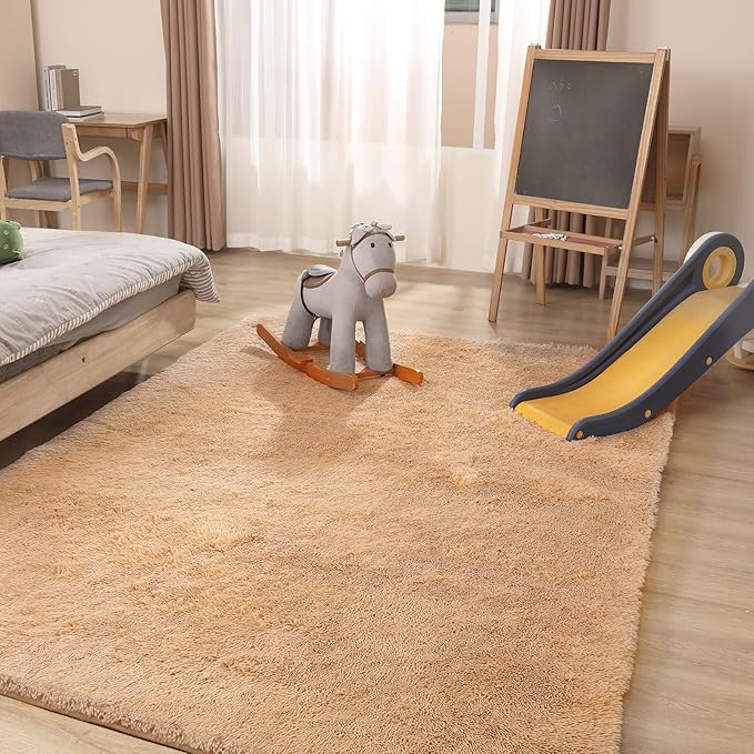 Area Rug 4x5.8, Ultra Soft Rugs for Living Room, Plush Carpet Rugs for Bedroom, Non-Slip Indoor Rug for Nursery, Study Room, Playroom, Home Decor, Camel-CubbioJoy