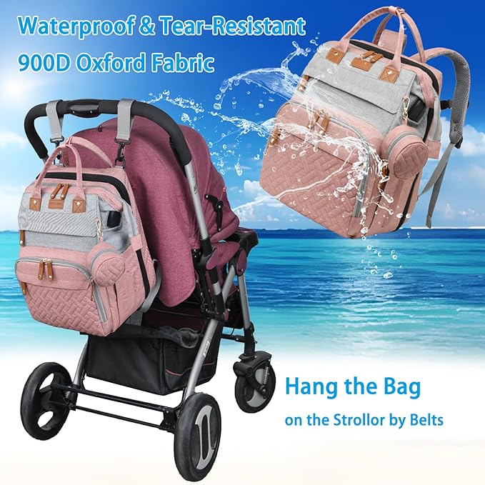 Jeryswet Baby Diaper Bags with Changing Station, Waterproof Large Capacity Diaper Bag Backpack for Moms Dads with USB Charging Port and Stroller Straps, Baby Shower Gifts, Pink-Grey-CubbioJoy