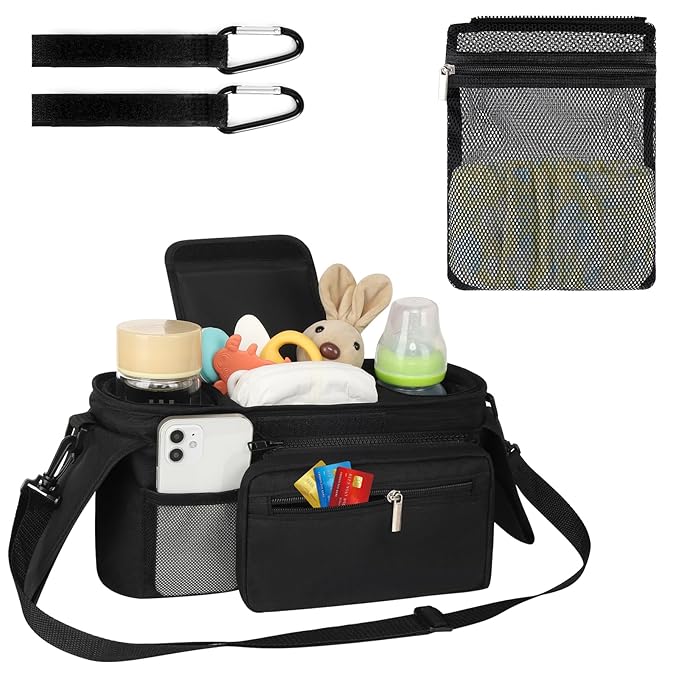 Accmor Universal Stroller Organizer with Insulated Cup Holder Detachable Phone Bag and Shoulder Strap,Stroller Bag Caddy Organizer Fits for Uppababy, Baby Jogger, Britax Strollers-CubbioJoy