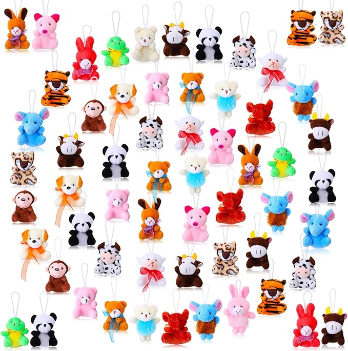 60 Pack Mini Stuffed Animal Bulk Small Plush Animal Toys Miniature Stuff Animal Keychain Set for Easter Egg Party Favors, Valentine‘s Day Gift, Goodie Bag Fillers, Carnival Prizes, Classroom Rewards-CubbioJoy
