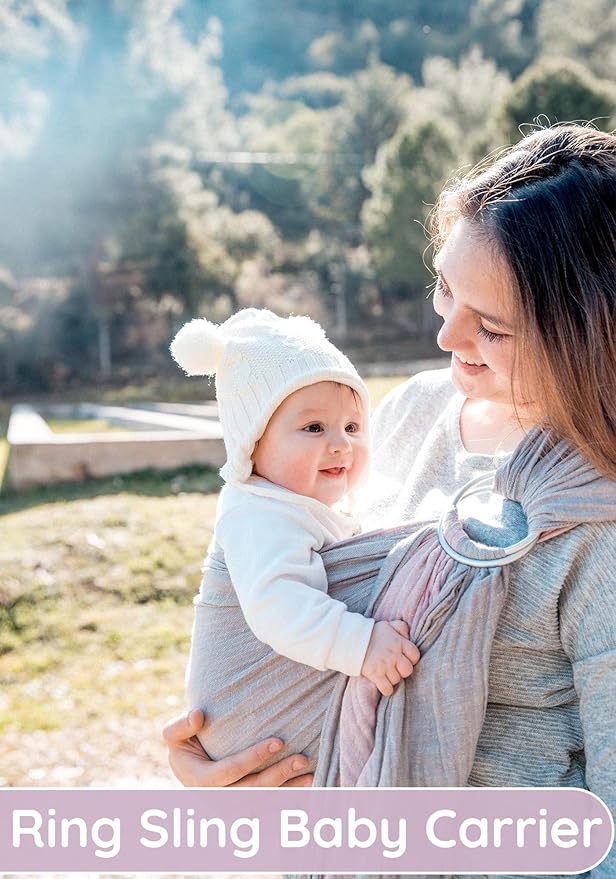 Baby Sling Carrier – Breathable 100% Cotton Wrap for Infant Support, Ring Sling Baby Carrier – Adjustable Muslin Fabric, Baby Carrier Newborn to Toddler – Grey Rose Soft Chest Hold for Travel-CubbioJoy