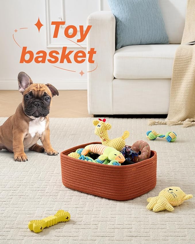 KALLAX Small Woven Basket, 13.5 x 9.5 x 5 Inches, Storage Basket for Organizing, Cute Small Rope Shelf Closet Cube Storage Bins Baskets for Shelves, Dog Toy Gift Baskets Empty, 3 Pack Rust Red-CubbioJoy