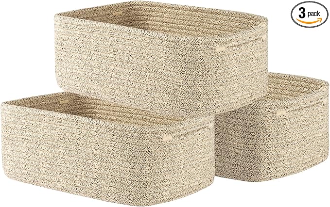 KALLAX Small Woven Basket, 13.5 x 9.5 x 5 Inches, Storage Basket for Organizing, Cute Small Rope Shelf Closet Cube Storage Bins Baskets for Shelves, Dog Toy Gift Baskets Empty, 3 Packs, Mixed Brown-CubbioJoy