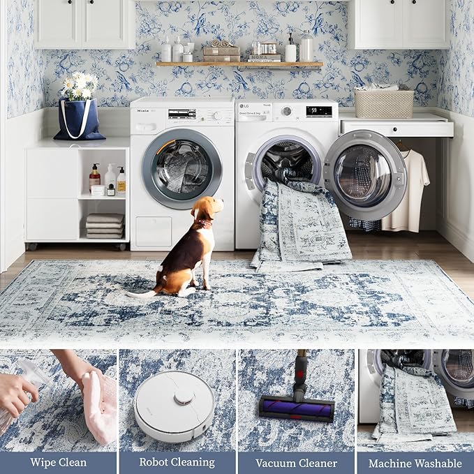 jinchan Hallway Runner Rug 3x8 Washable Runner - Vintage Floral Non Slip Low-Pile Soft Thin Faux Wool Kitchen Rug Distressed Carpet for Farmhouse Bedroom Laundry Room(3x8ft,Dark Blue)-CubbioJoy