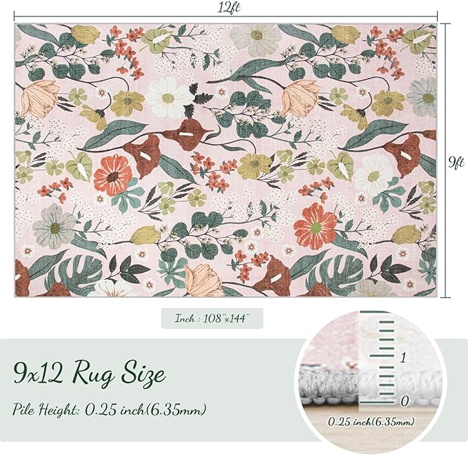 9x12 Area Rug for Living Room: Vintage Floral Washable Rug Soft Boho Non Slip Carpet Large Indoor Floor Non Shedding Low Pile Thin Carpets for Bedroom Dining Room Farmhouse Nursery Home Light Pink-CubbioJoy