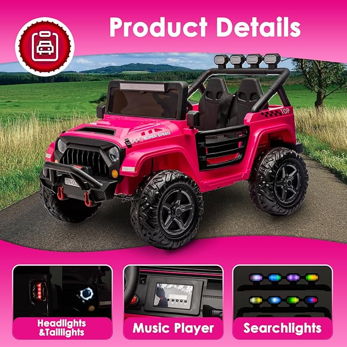 24V 2 Seater Ride On Truck with Remote Control 4WD Electric Car for Kids Ride On Car Battery Powered Ride On Toy Car with Music Player, LED Lights, Bluetooth, Rear Shock Absorber, Hot Pink-CubbioJoy