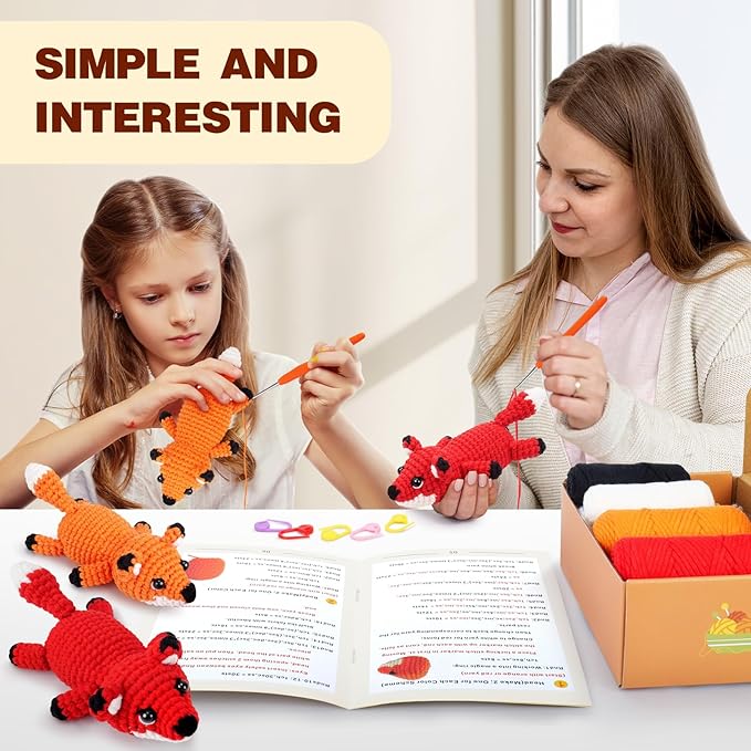 Crochet Kit for Beginners - 2 PCS Fox Crochet Kits with Step-by-Step Video Tutorials, Beginner Crochet Kit for Adults, Crochet Animal Kit for Kids, Crochet Fox Set (Orange & Red)-CubbioJoy