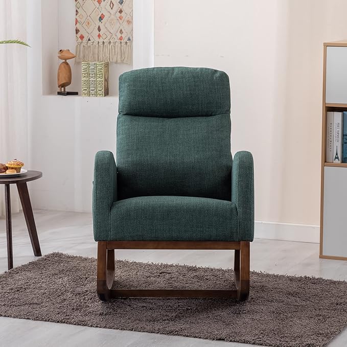 Dolonm Nursery Rocking Chair for Living Room, Upholstered Mid-Century Modern Nursery Rocking Armchair Tall Back Accent Glider Rocker, Emerald-CubbioJoy