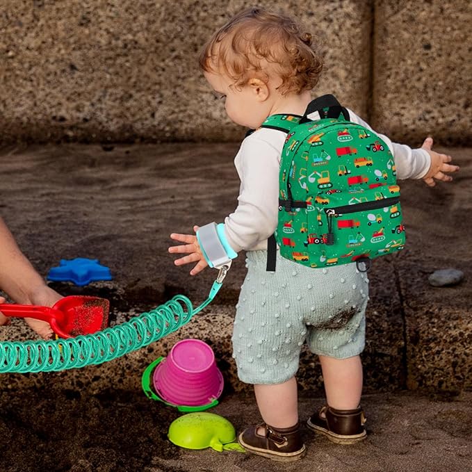 Accmor Toddler Backpack with Leash, Cute Baby Backpack with Anti Lost Wrist Link, Mini Kids Backpack Leash Walking Harness for Travel, Small Excavator Backpack Tether for Boys Girls Ages 1-3 (Green)-CubbioJoy