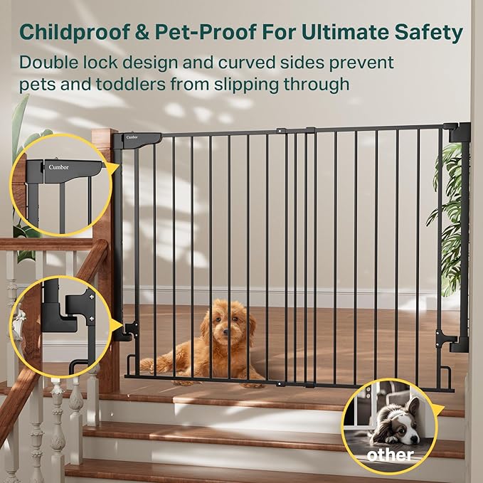 Cumbor 34" Extra Tall No Bottom Bar Baby Gate for Stairs, Auto Close Dog Gate Indoor for Larger Pets, 31.6-48" Hardware Mounted Safety Gate for Doorways, Wide Walk Thru Door for Easy Access (Black)-CubbioJoy