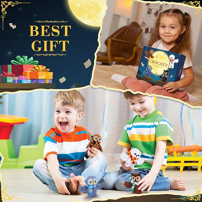 Crochet Kit for Beginners - 4 PCS Owl Crochet Kit with Step-by-Step Video Tutorials, Beginner Crochet Kits for Adults, Crochet Animal Kit for Kids, Crochet Magical Owls Set (White&Brown&Gray&Coffee)-CubbioJoy