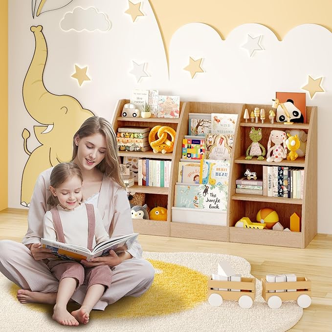 4 Tier Kids Bookshelf, 4 Layer Sling Kids Book Shelf for Kids Rooms, XXL Wood Children Bookcase,Baby Storage Book Rack,Toddler Bookshelf, Book and Toy Organizer,Book Display Shelf Burlywood-CubbioJoy