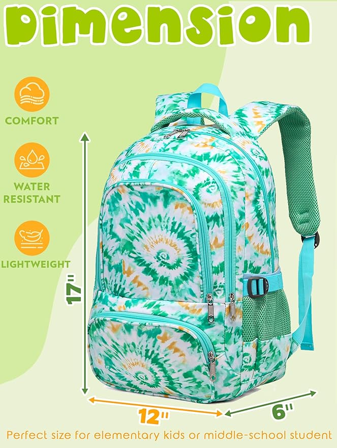 BLUEFAIRY Kids Backpack for Girls Elementary Primary Middle School Bags for Aged 8-10 for Teens Childs Bookbags Back to School Book Bags Gifts Mochilas para Niñas de 6 7 8 9 10 Años Tie-dye Green-CubbioJoy
